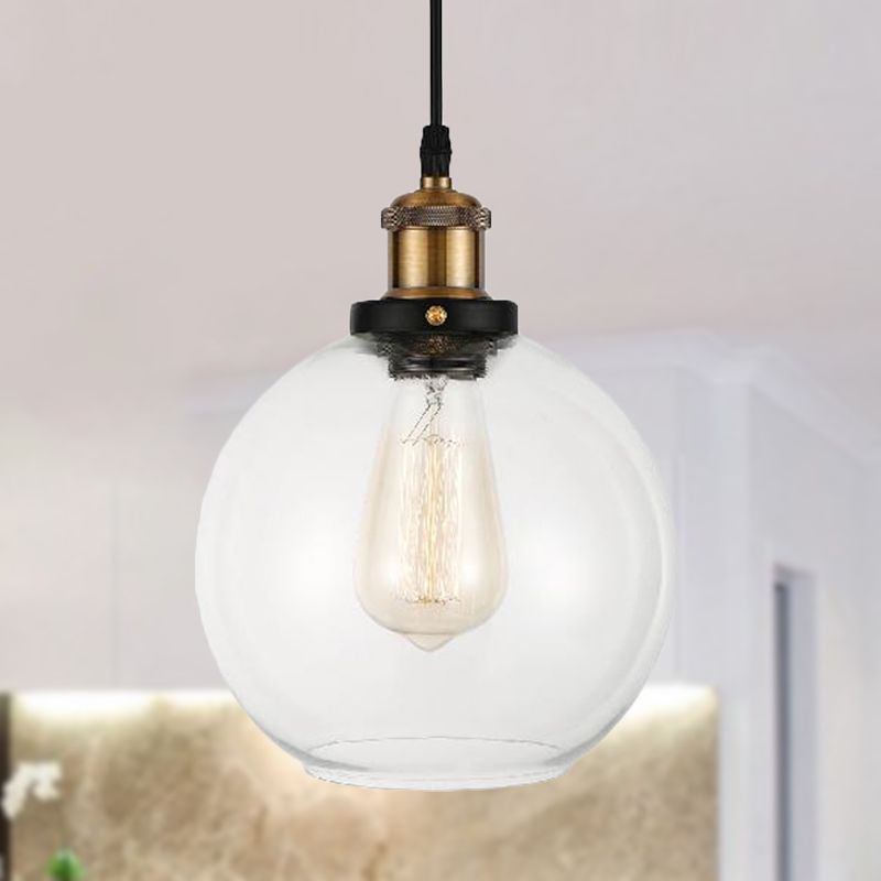 Clear Glass Globe Hanging Pendant Light with Adjustable Cord Industrial Suspension Lamp in Brass