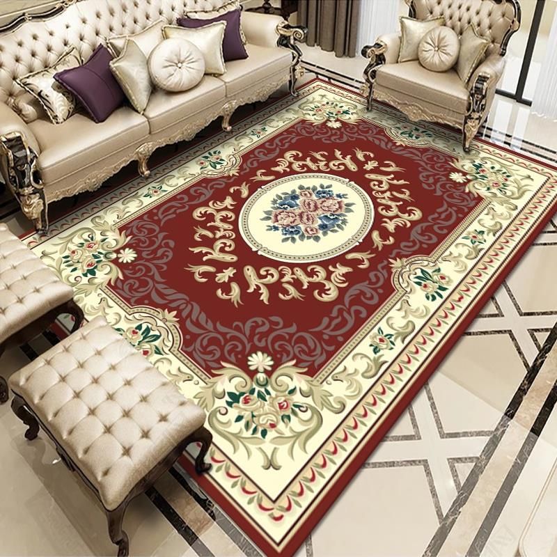 Tapis de style européen encadré Victorian Floral Print Tapis résistant aux taches pour décoration de la maison