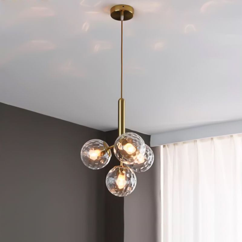 4 Heads Globe Ceiling Chandelier Modernism Dimpled Blown Glass Hanging Light Fixture in Gold