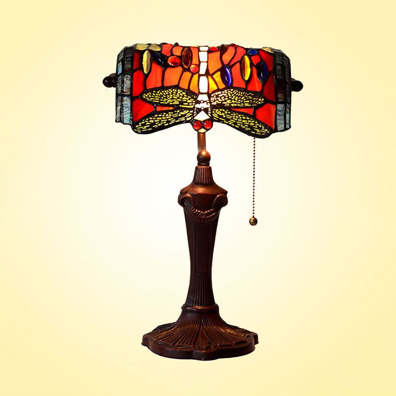 1 Light Banker Desk Lamp Mediterranean Dragonfly Hand Cut Glass Pull Chain Table Lighting in Red