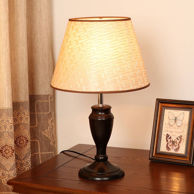 Brown 1 Head Table Light Rural Fabric Tapered Shade Nightstand Lamp with Flower/Slash/Geometric Pattern