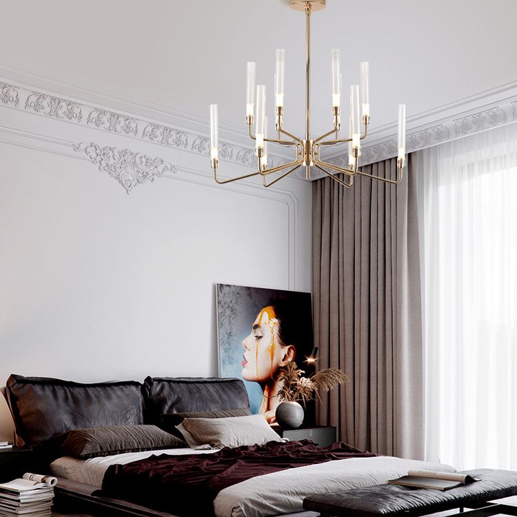 Gold Metall Pendelleuchte Licht aus der Mitte des Jahrhunderts zylindrisch klarer Glasschatten Kronleuchter für Wohnzimmer