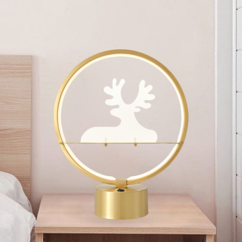 Gold Round Table Lamp Contemporary LED Metallic Nightstand Light with Elk Detail Inside