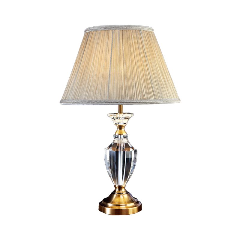 Beige Urn Desk Lamp Modern 1 Head Beveled Crystal Table Light with Cone Fabric Shade