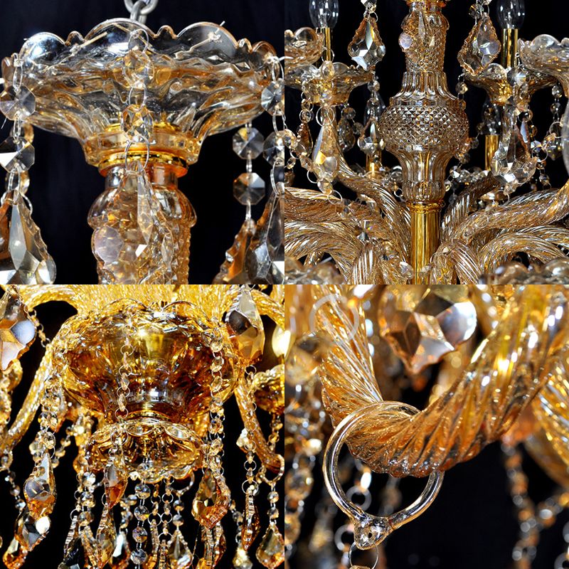 6 Heads Pyramid Pendant Chandelier Mid-Century Crystal Hanging Ceiling Light in Gold