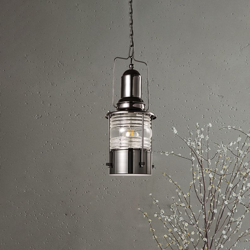 Chrome 1-Bulb Pendant Lamp Industrial Clear Ribbed Glass Cylinder Hanging Ceiling Light