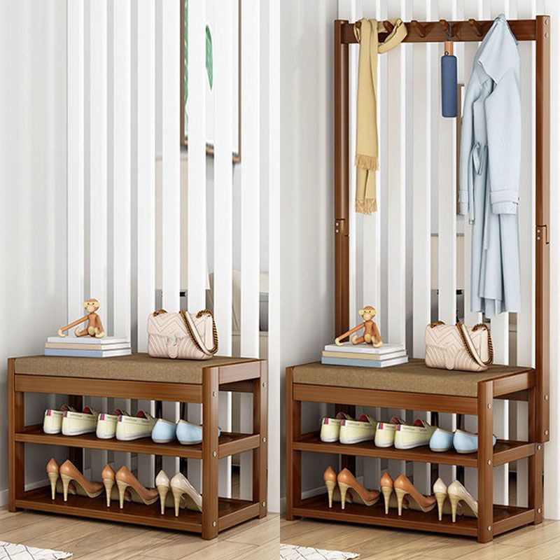 Modern Style Coat Rack Plain Solid Wood Free Standing Coat Hooks Design with Shoes Storage