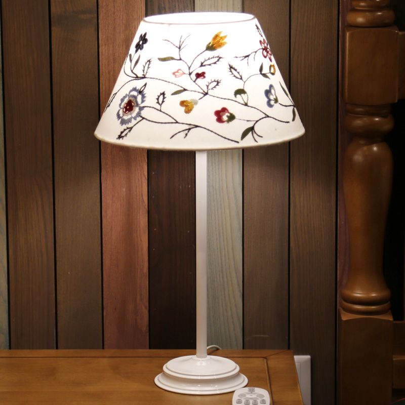 Single Light Fabric Night Table Light Country Style Korea White Barrel Bedside Embroidery Night Lamp