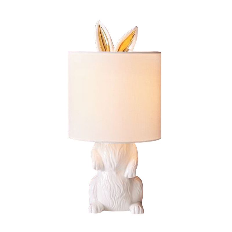 Resin Rabbit Shaped Table Light Countryside Style 1-Light Bedside Fabric Night Lamp in White