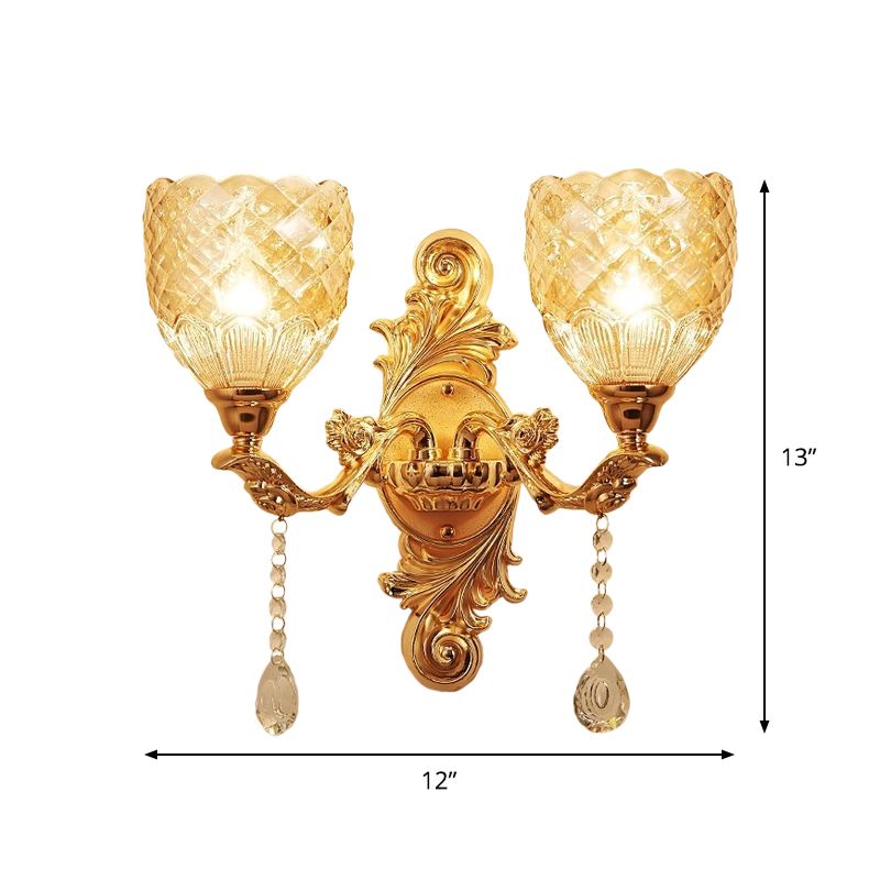 2 Lights Dome/Flower Up Wall Sconce Light European Gold Textured Crystal Wall Lamp Fixture