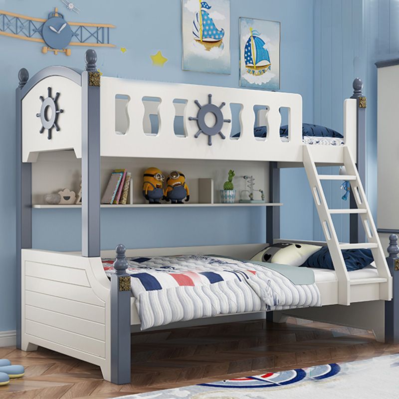 Coastal White Bunk Bed with Storage Shelves in Solid Wood Bed