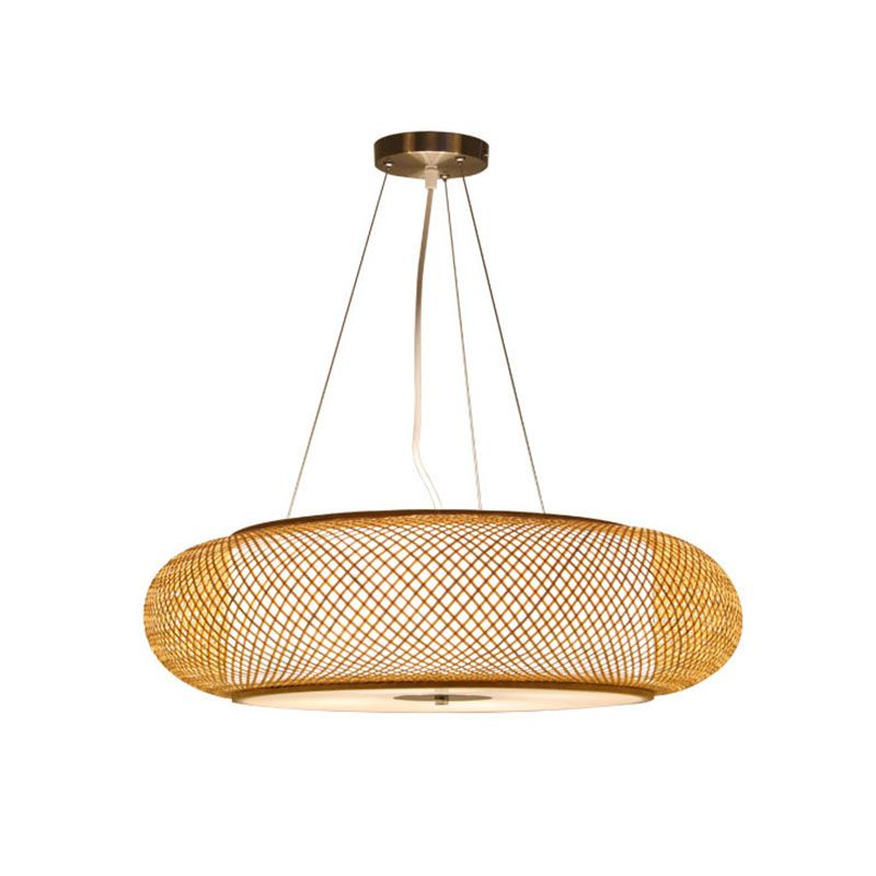 Round Hanging Light Fixture Asia Bamboo 1 Bulb Living Room Ceiling Pendant in Wood