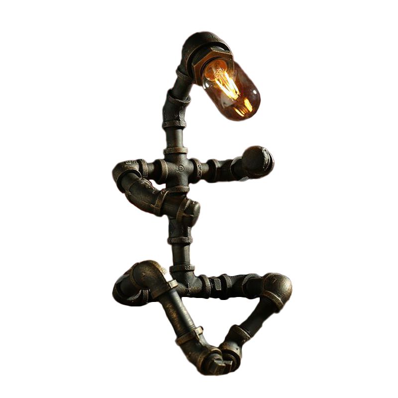 Iron Pipe Robot Night Table Light Cyberpunk Single-Bulb Boys Room Nightstand Lamp in Brass/Copper