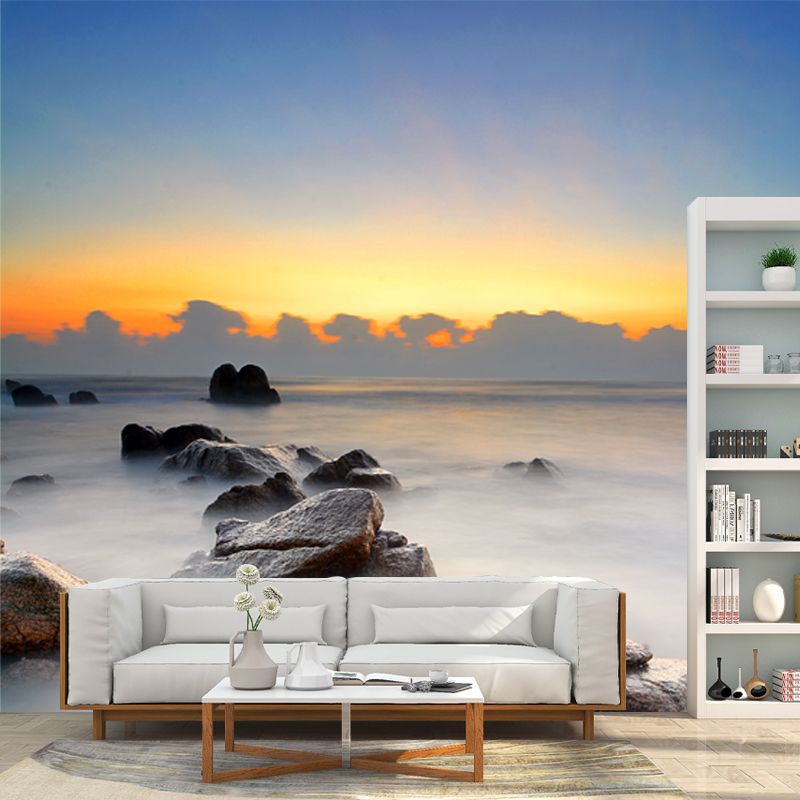 Blue Sunrise Scenery Mural Decal Stone in Foggy Water Tropix Waterproofing Wall Art