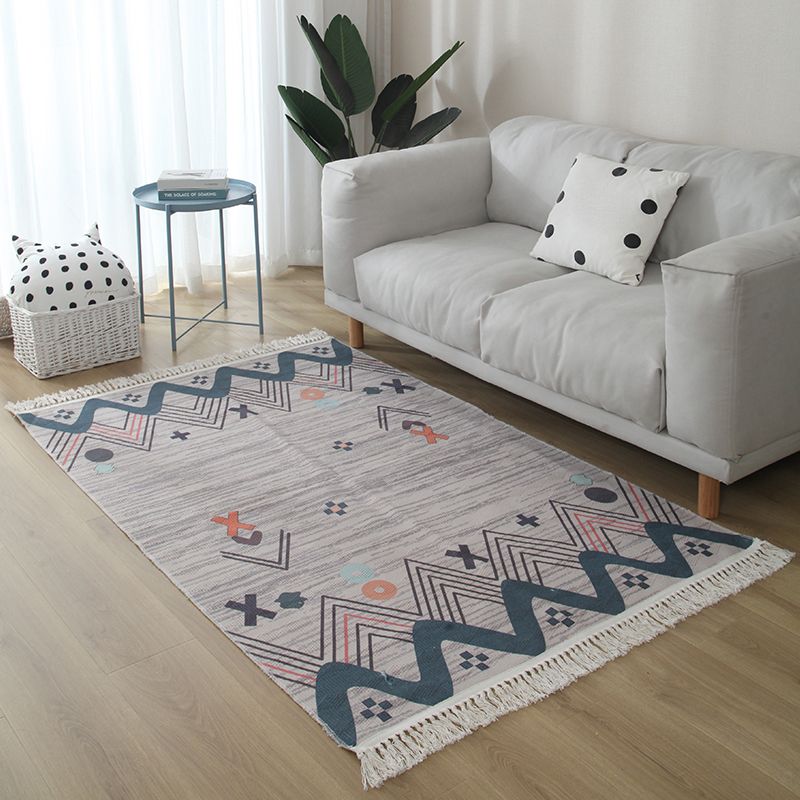 Casual Living Room Rug Multi Colored Geometric Printed Area Carpet Jute Stain-Resistant Handmade Indoor Rug with Tassel