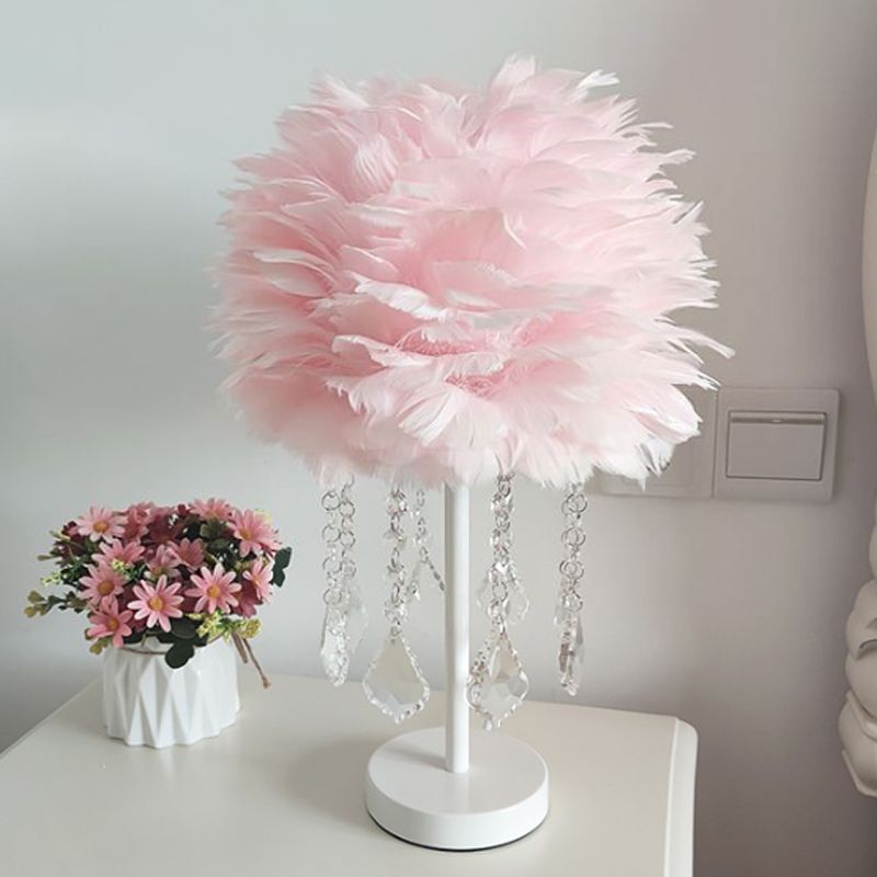 Hemisphere Feather Table Lamp Modern Single-Bulb Grey/White/Pink Night Light with Crystal Ball/Drop