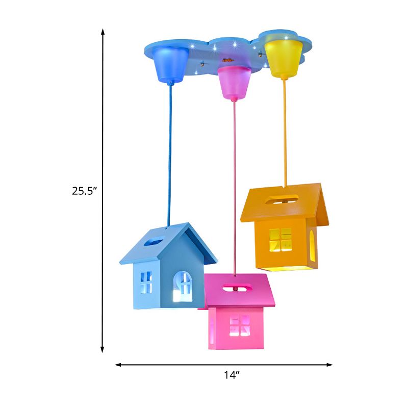 3-Head Bedroom Cluster Pendant Lighting Kids Blue-Pink-Yellow Hanging Light with House Wooden Shade