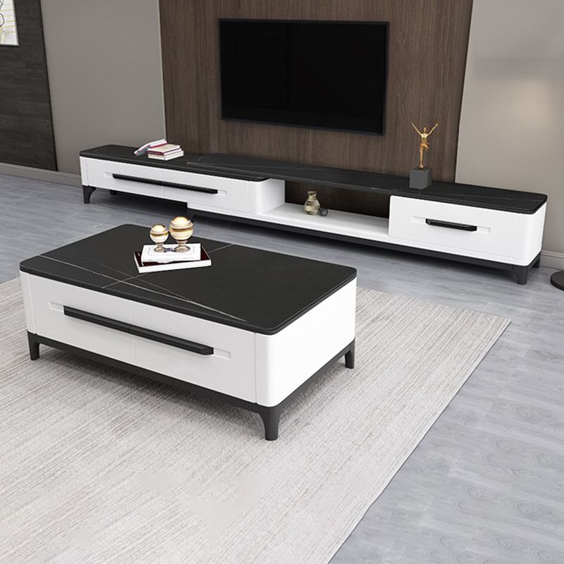 2 Drawers TV Console Modern Stone Media Console with Splayed Wooden Legs