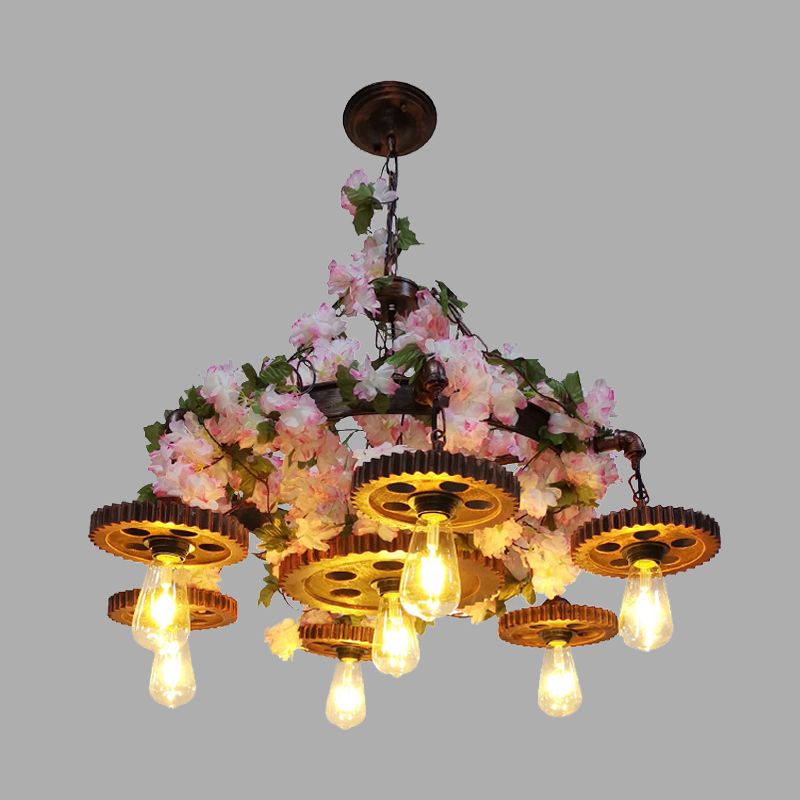 Pink 7 Glühbirnen Anhänger Kronleuchter Industrial Metall Bare Lampe Deckenhänge mit Kirschblüte