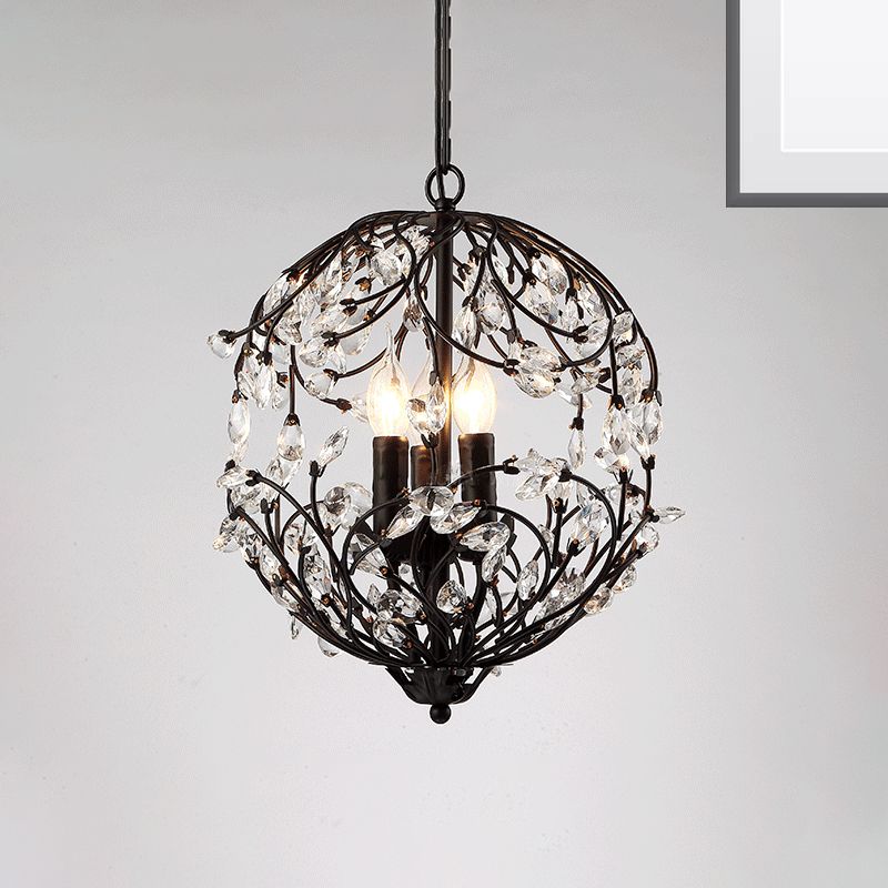 Traditional Floral Sphere Hanging Chandelier 3-Light Black/Bronze Iron Suspension Lamp with Crystal Accent