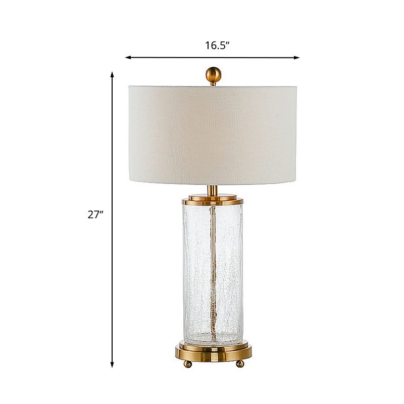 White Round Night Table Lamp Classic Fabric 1-Light Bedroom Nightstand Light with Clear Crackle Glass Cylinder Base