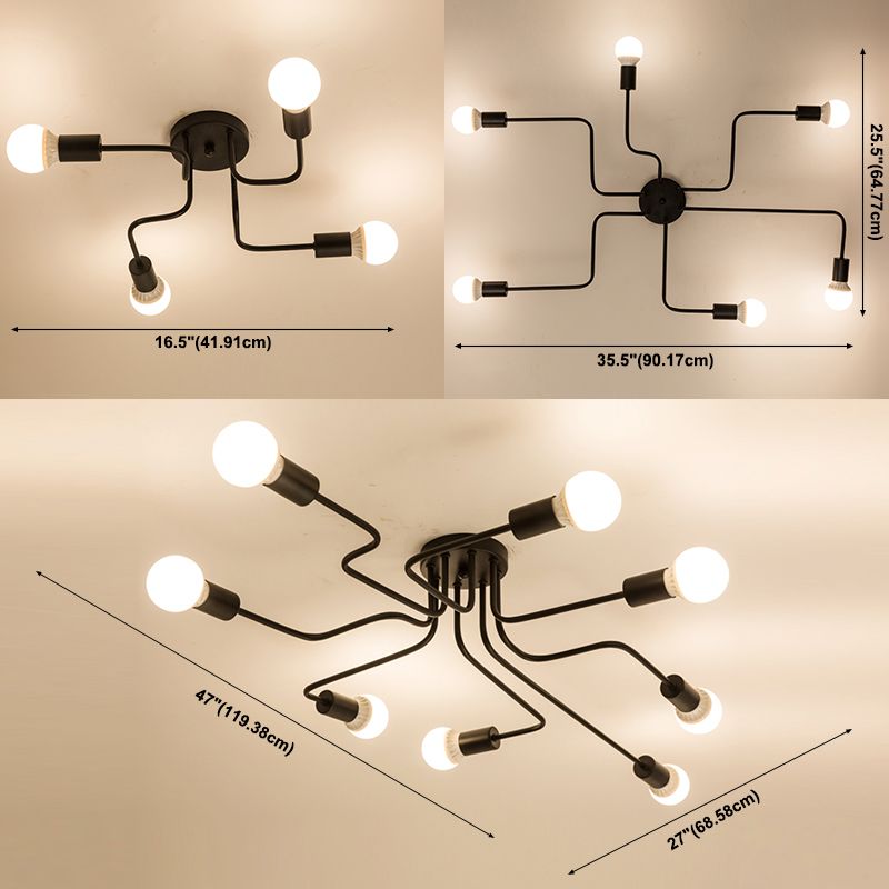 Open Bulbs Design Modern Flush Mount Black Semi Flush Ceiling Light for Living Room