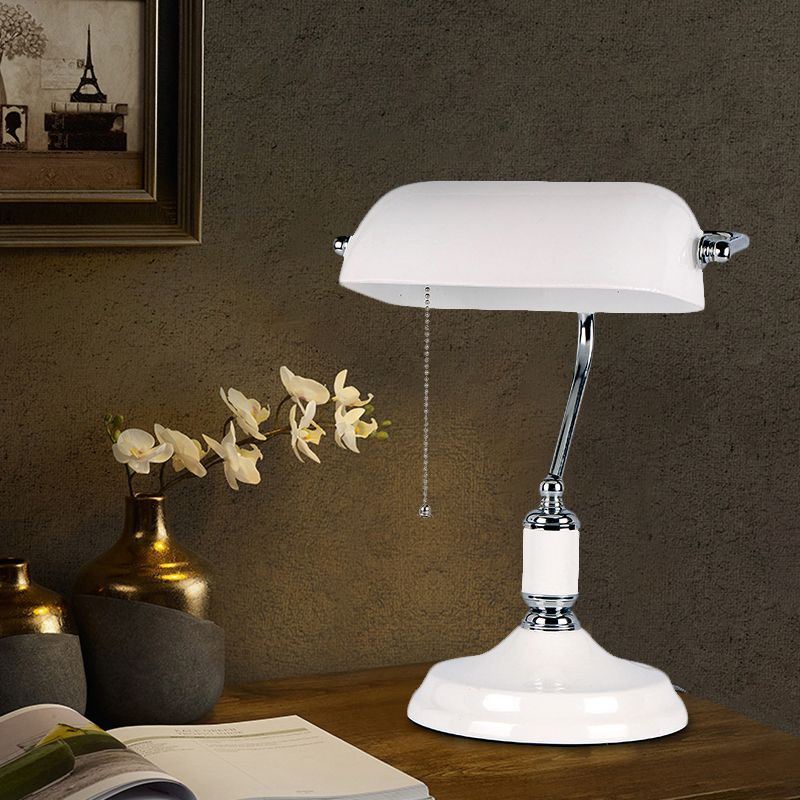 Classical Half Cylinder Night Table Light White Glass 1-Light Bedside Pull Chain Desk Lamp