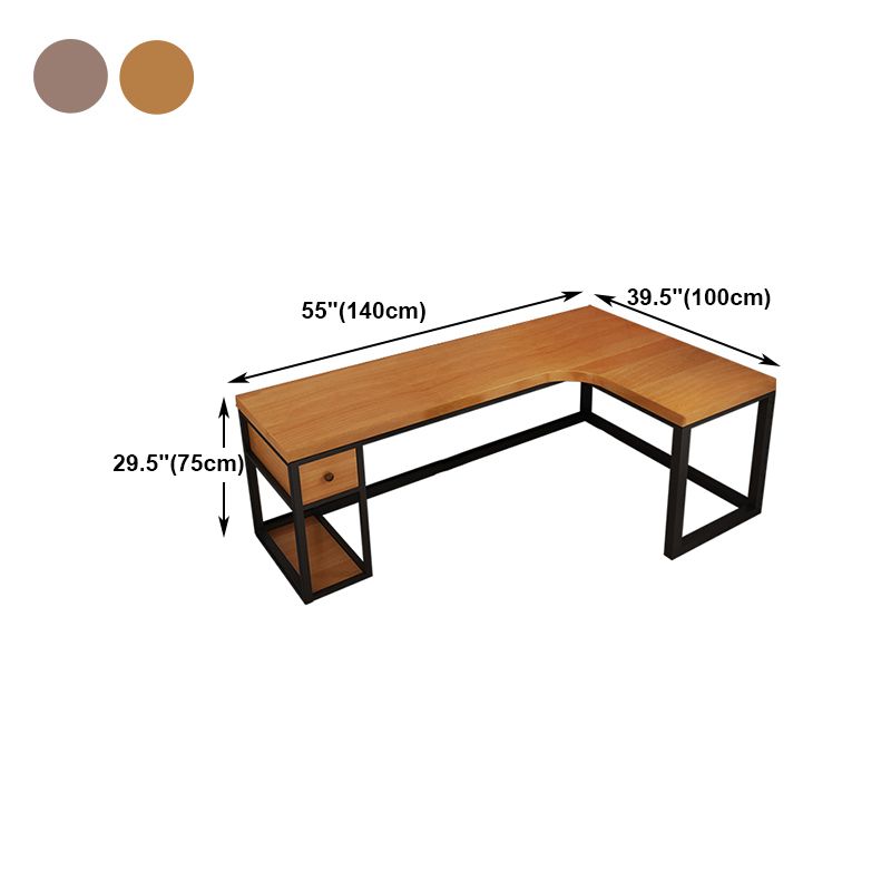 Solid Wood Computer Desk Industrial Style L-Shape Office Desk with Storage and Drawer