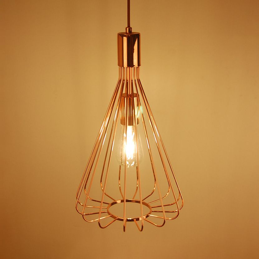 1 Bulbe Hanging Conical Light avec nuance à cage Loft Loft Polished Brass / Copper Metallic Pendant pour cuisine