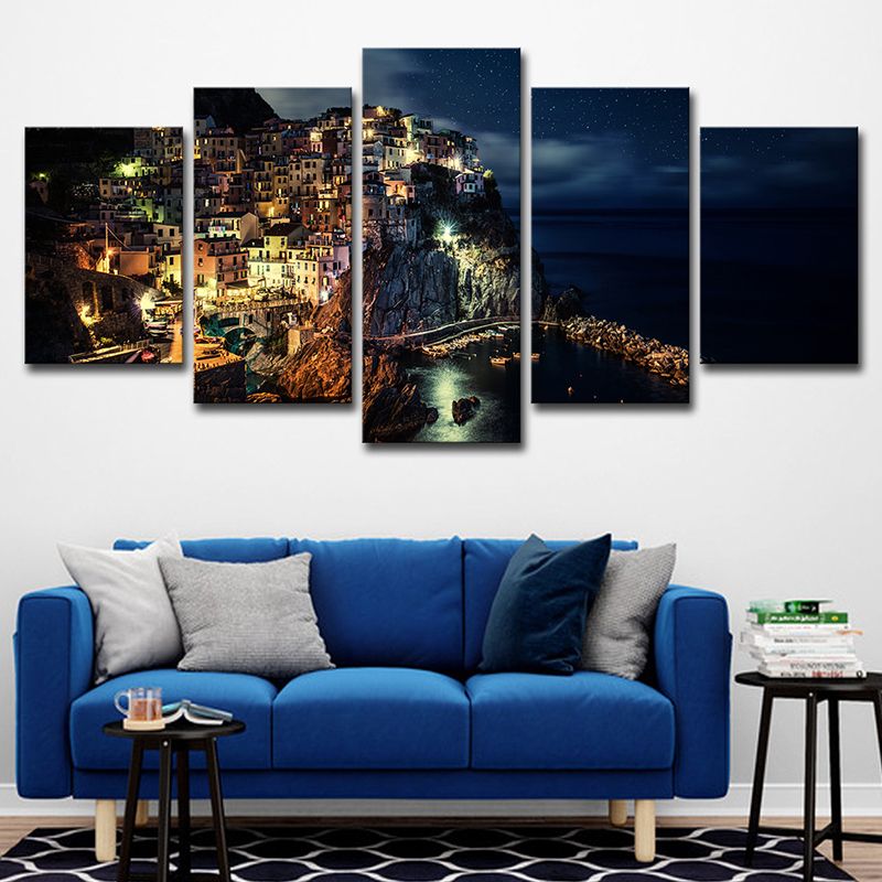 Cinque Terre Night View Canvas Black Glam Wall Art Print for Sitting Room, Multi-Piece
