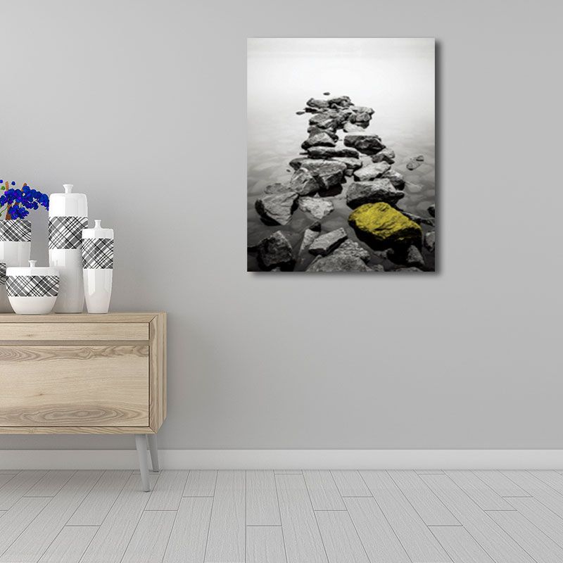Photo Print River Stones Canvas Wall Art for Living Room, Grey and Yellow, Textured