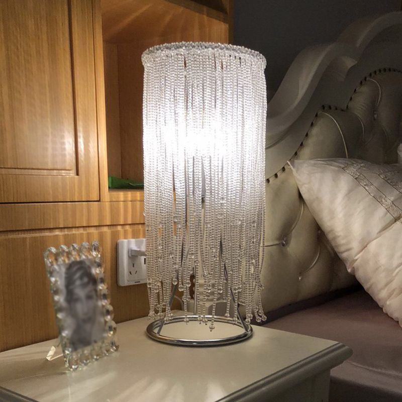 Postmodern Fringed Nightstand Lamp Crystal Single-Bulb Bedroom Table Lighting in Chrome