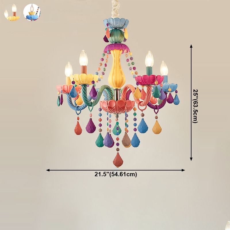 Bougie Baby Room Chandelier Metal Macaron Suspension Lumière avec des rideaux en cristal