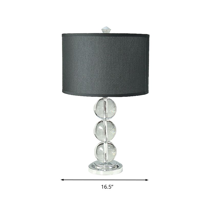 Black Single Bulb Nightstand Lamp Rustic Fabric Drum Table Light with Crystal Ball Deco