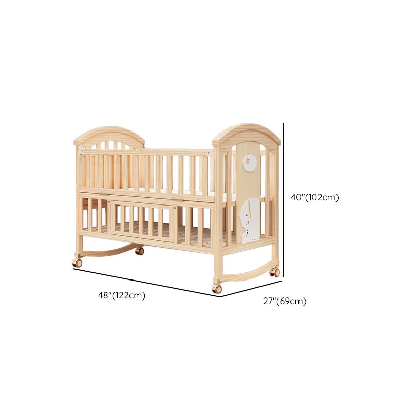 Solid Wood Convertible Baby Crib Natural Wood Crib with Casters and Storage