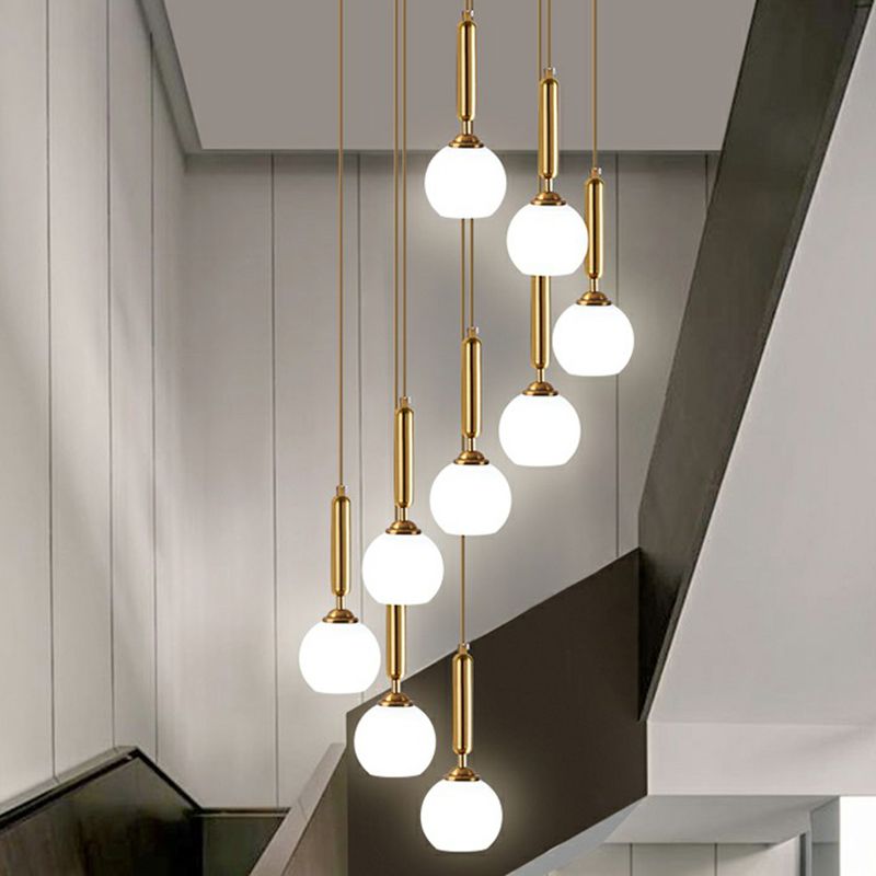 Minimalist Ball Pendant Lighting White Glass Stairway Multi Hanging Light Fixture in Gold