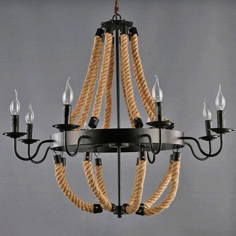 Flaxen Candlestick Chandelier Lighting Rustic Iron Living Room Pendant Light with Hemp Rope