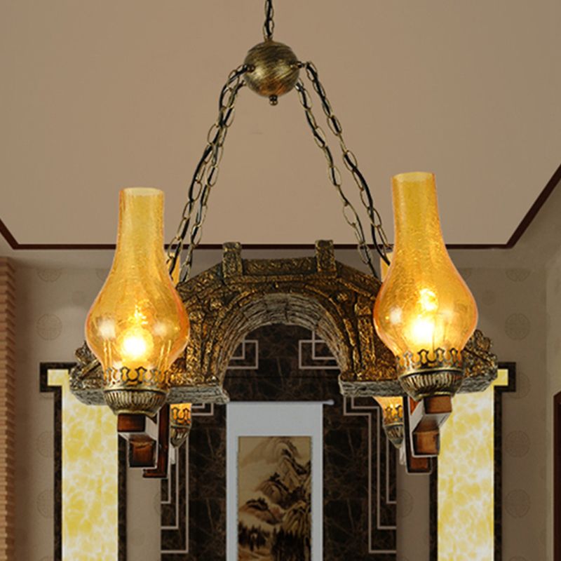 Yellow Crackle Glass Bronze Pendant Lamp Vase Shade 4-Light Industrial Chandelier Light Fixture with Chain