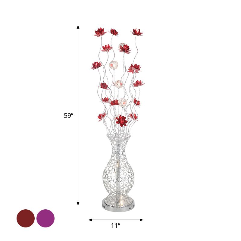 Vase Shape Aluminum Stand Up Light Decorative LED Bedroom Reading Floor Lamp with Blossom and Ball Design in Red/Purple