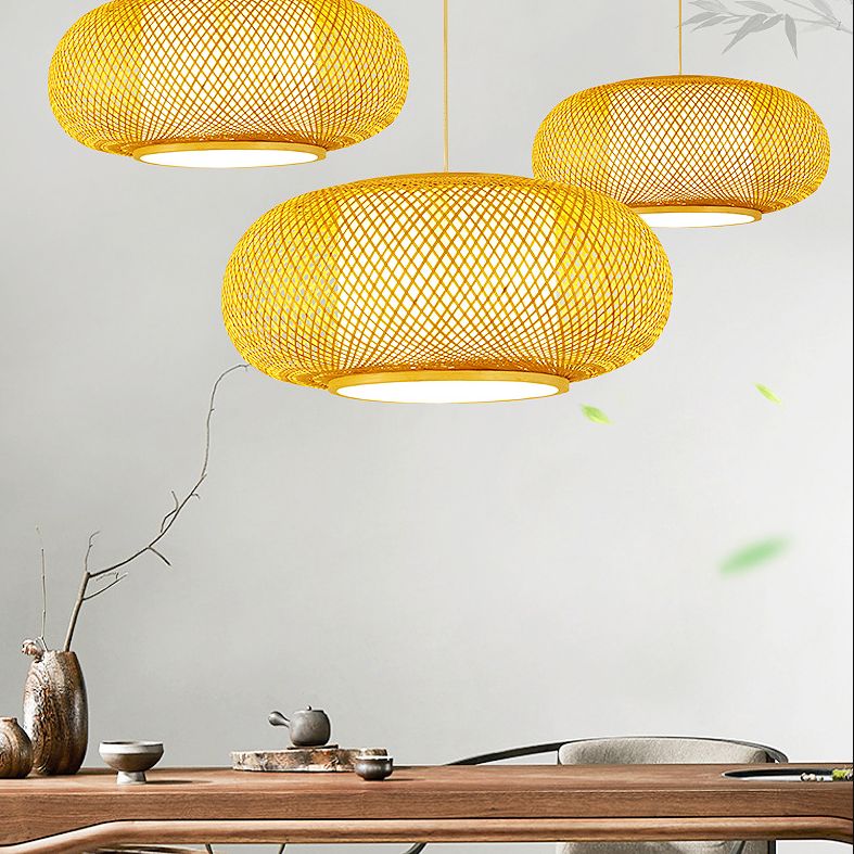 Asian Style Hand-weaving Bamboo Hanging Lamp Lanterns Shaped Single Bulb Lighting Fixture for Restaurant