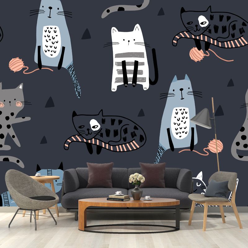 Cat Wall Paper Mural Dark Grey Childrens Art Wall Covering for Kids Bedroom, Non-Woven