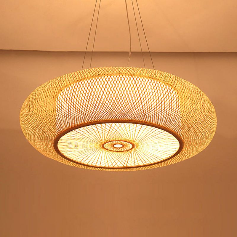 Handmade Round Bamboo Hanging Light Chinese 1 Bulb 18"/19.5"/31.5" Wide Beige Ceiling Pendant for Tearoom