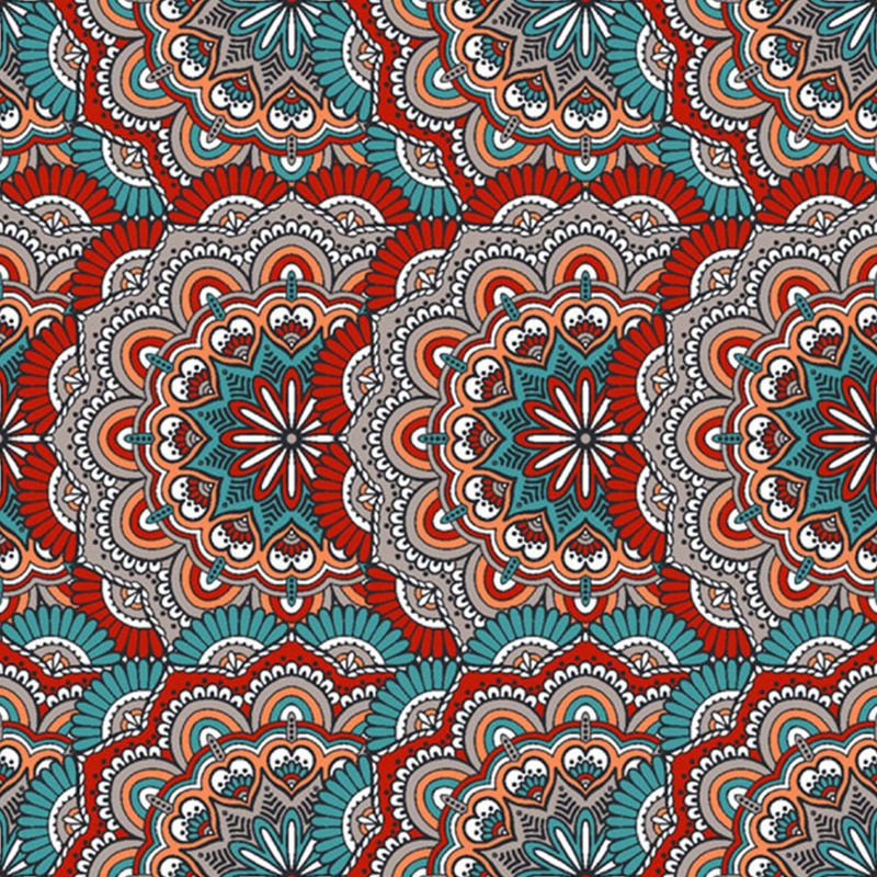 Custom Illustration Boho Wallpaper Murals with Scalloped Pattern in Red and Blue