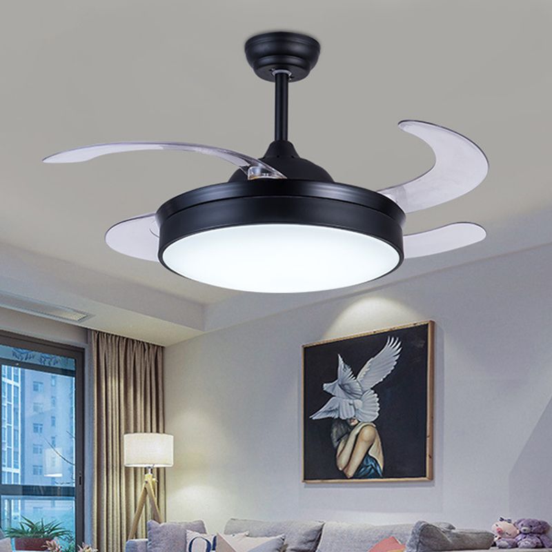 Cercle acrylique Pendant ventilateur Light contemporain LED 42 "W CHAMBRE 4 Pares transparentes Éclairage de montage à chasse d'eau en noir, télécommande / mur / télécommande et mural