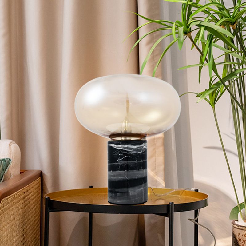 Ellipse Living Room Table Light White/Amber Glass Single Postmodern Night Lamp with Marble Pedestal in Black