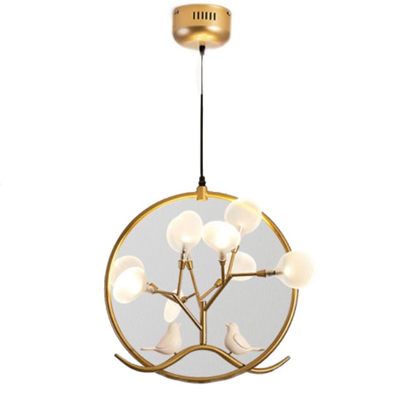 Lustre à pendentif pendant de branche acrylique avec décoration d'oiseau et d'anneau