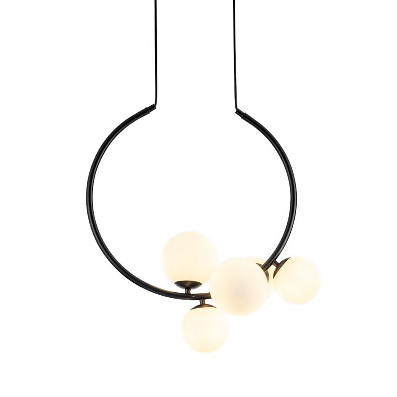 Modern 5 Bulbs Chandelier Light White/Black Orb Ceiling Suspension Lamp with Milky Glass Shade