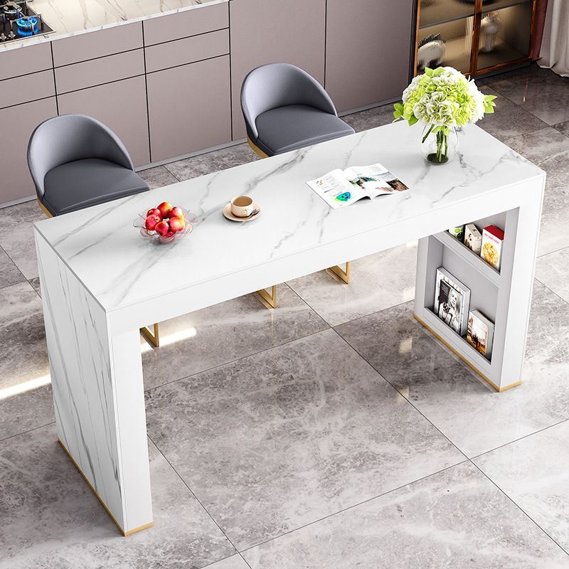 Glam Wood Bar Dining Table with White Stone Top Rectangle Indoor Bistro Table