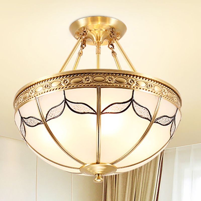 Domed Opal Glass Semi Mount Lighting Vintage 4-Light Bedroom Semi Flush in Brass, 12.5"/16" Wide