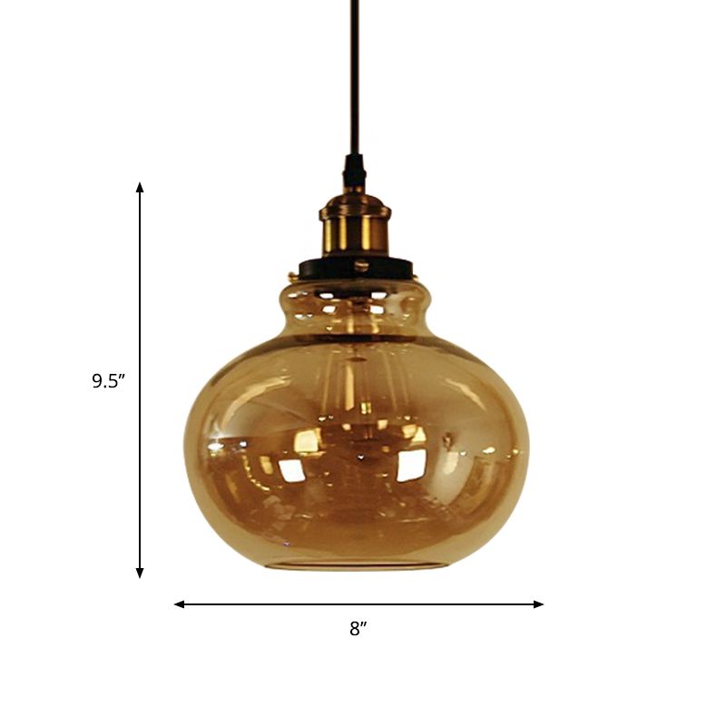 1 Light Globe Pendant Ceiling Light Farmhouse Brass Amber Glass Hanging Lamp for Indoor